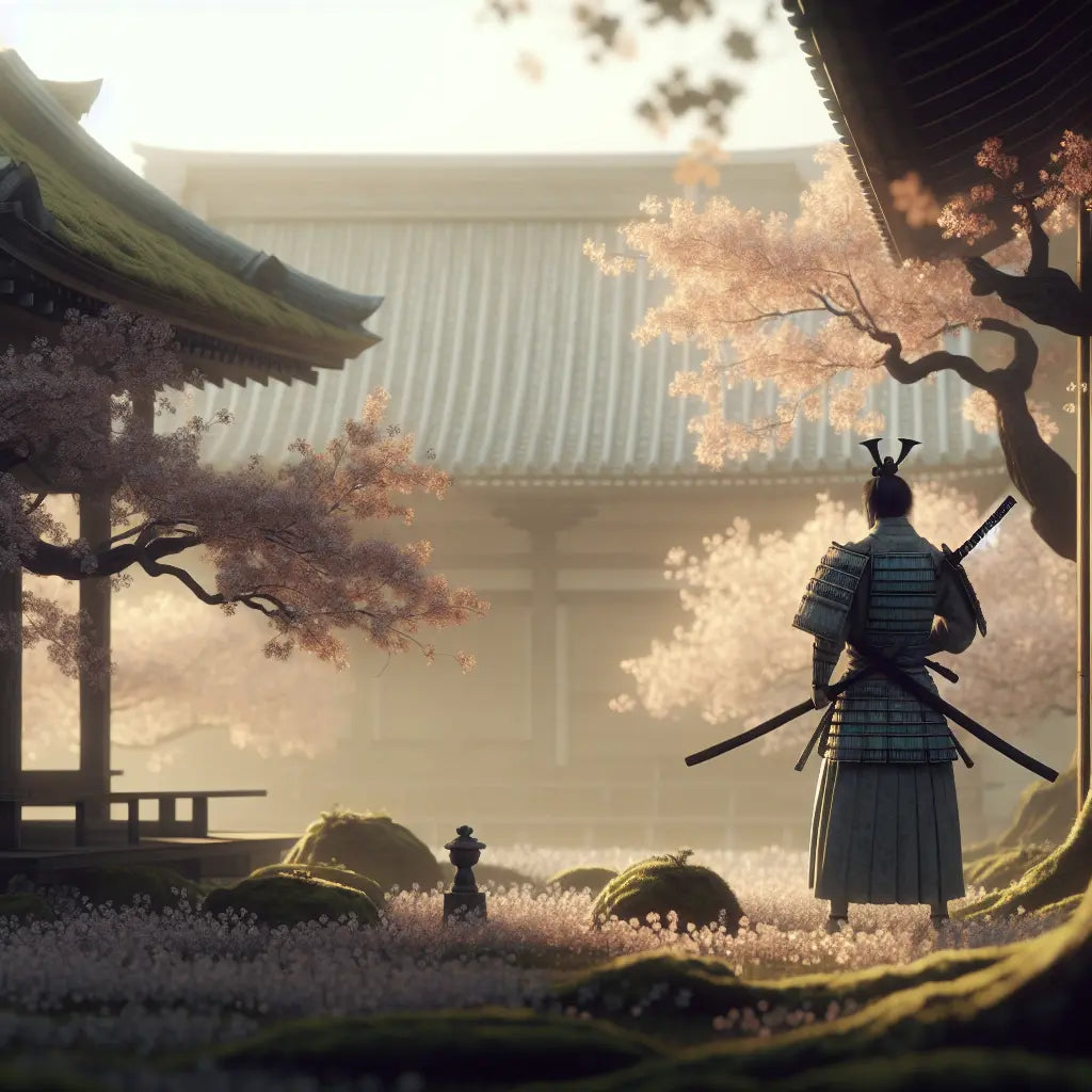 A solitary samurai warrior holding a gleaming katana beneath softly blooming cherry blossom trees at sunrise, with blurred traditional temple architecture in the background — minimalist, serene, and culturally inspired.