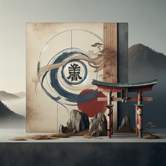 Minimalist traditional Japanese image of a samurai crest beside a torii gate with subtle ink brush strokes symbolizing cultural fusion in calm, muted tones.