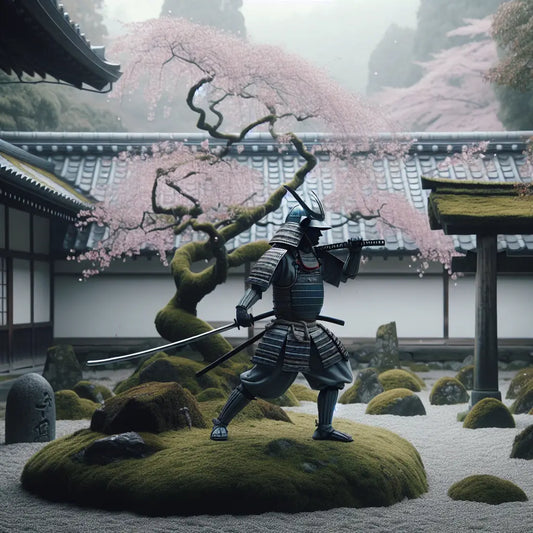 A traditional samurai in full armor holding a katana gracefully in a serene cherry blossom Japanese garden, minimalistic and elegant.