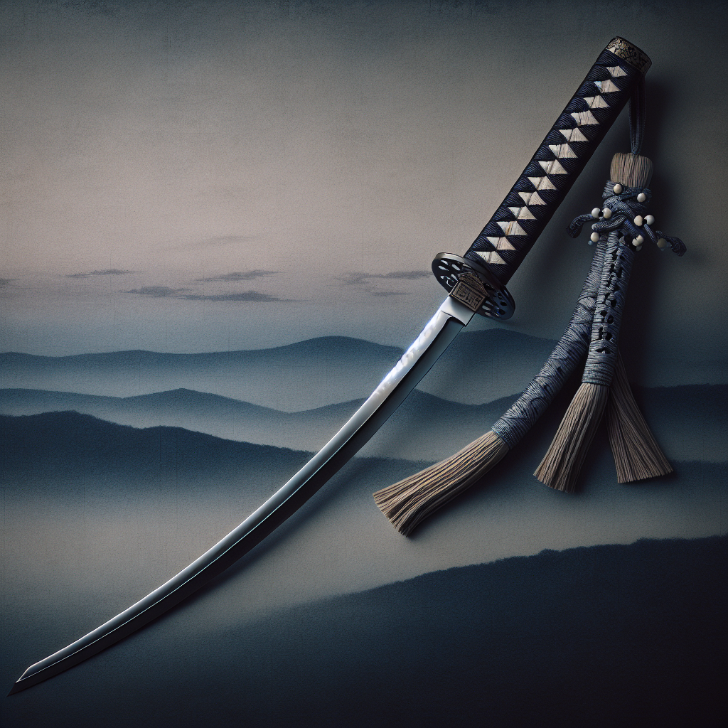 Close-up of a traditional Japanese samurai katana with curved blade and intricately crafted handle against a serene dusk background, minimalistic and elegant.
