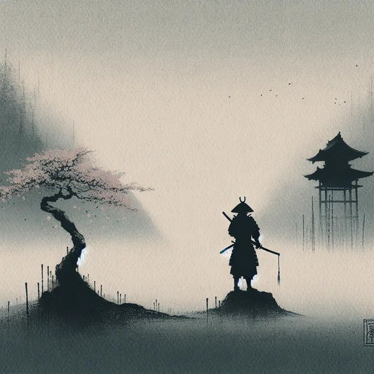 A lone samurai warrior poised calmly on a misty Japanese battlefield at dawn, with drifting cherry blossoms and ancient temples in soft muted colors, evoking Bushidō spirit.
