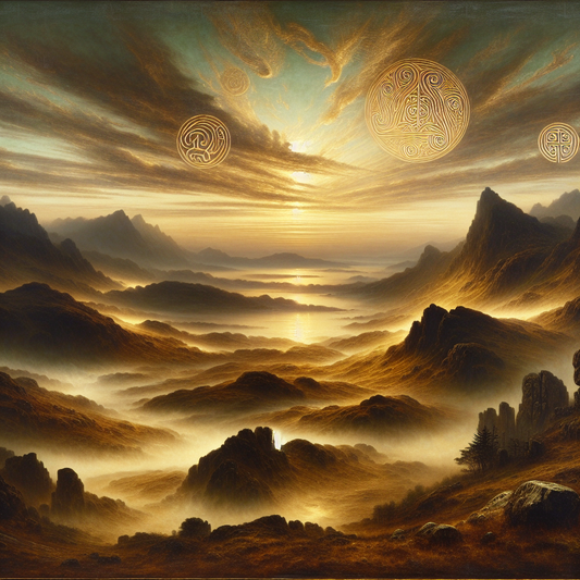 Misty dawn over rugged Scottish Highlands with glowing ancient Celtic symbols in the air, evoking Gaelic mythology and spiritual connection to the Dagda.
