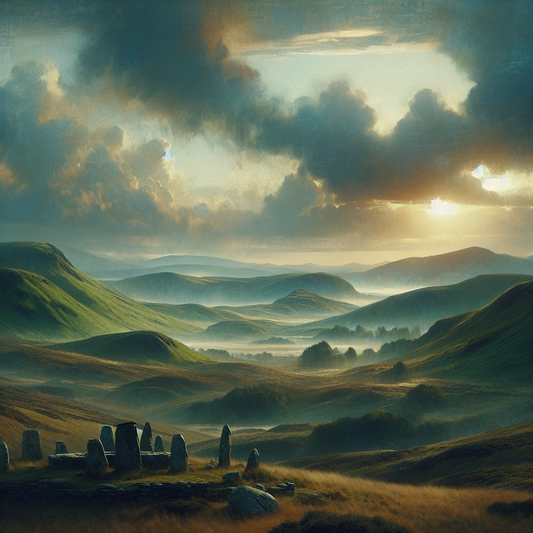 A panoramic view of the misty Scottish Highlands with rolling green hills, ancient stone Celtic structures, and faint glowing Celtic symbols subtly appearing in the cloudy sky, inspired by 1960s historical epic film style.