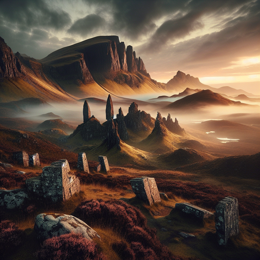 Misty dawn over rugged Scottish Highlands with ancient stone ruins and swirling fog, rendered in a cinematic Roman historical epic painting style.