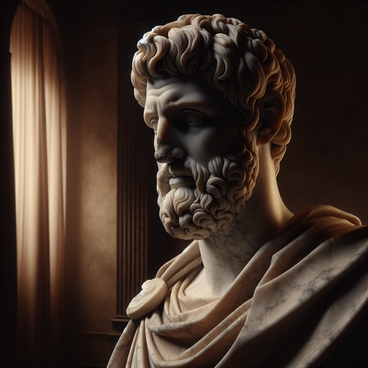 Classical marble bust of Seneca portrayed serenely against a dark minimalistic background symbolizing calm acceptance and stoic virtue.