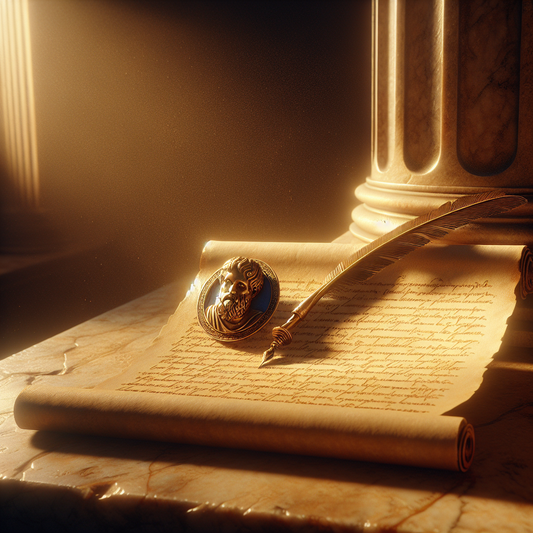 A Seneca enamel pin resting on ancient parchment with handwritten Latin text and a Roman quill, styled like a 1960s historical epic painting.