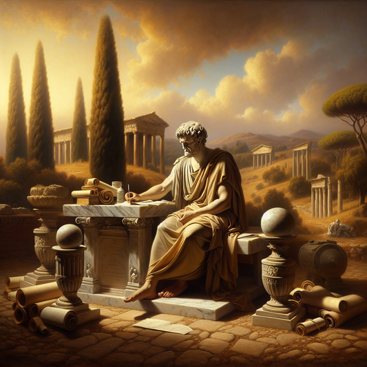 Ancient Roman philosopher Seneca in classical toga writing letters outdoors, surrounded by serene natural Roman countryside, depicted in the painterly style of 1960s historical epics.