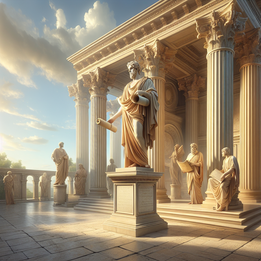Ancient Roman philosopher Seneca holding a scroll in a marble courtyard with classical columns, bathed in warm sunlight and wearing a toga, in the style of 1960s Roman historical epics.