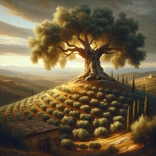 A majestic ancient olive tree standing resilient on a hilltop with swirling winds, bathed in warm natural light, evoking stoic happiness in a Roman countryside setting.