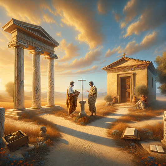 A serene ancient crossroads with a classical Greek figure holding a scroll and a Christian figure with a cross near marble columns and a peaceful chapel under a calm blue sky, in a cinematic Roman historical epic style.