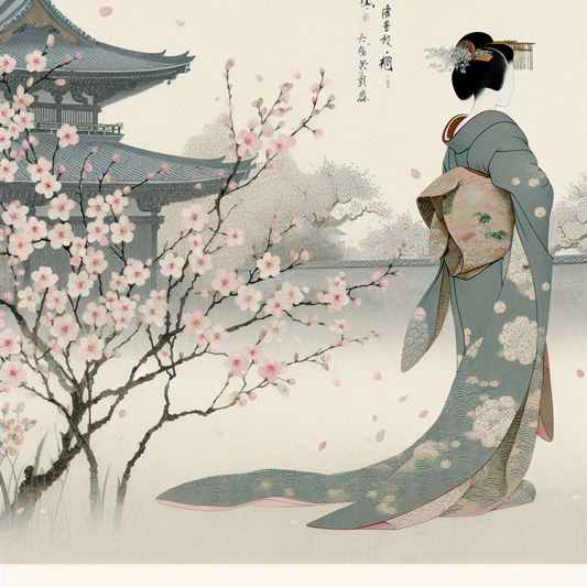 A graceful geisha in a traditional kimono stands serenely among blooming cherry blossoms, evoking minimalist Japanese cultural elegance.