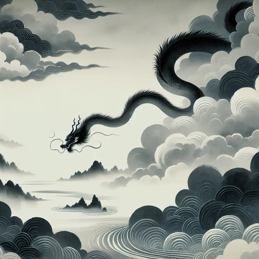 A serene Japanese dragon swirling among clouds and flowing rivers in traditional ink style, evoking wisdom and cosmic balance.