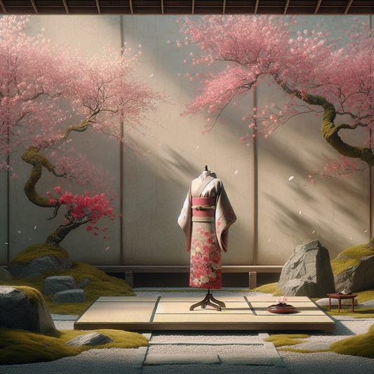 A tranquil Japanese garden in spring with blooming cherry blossoms and a vibrant pink-red traditional kimono displayed simply, evoking seasonal beauty and cultural heritage in a minimalist style.