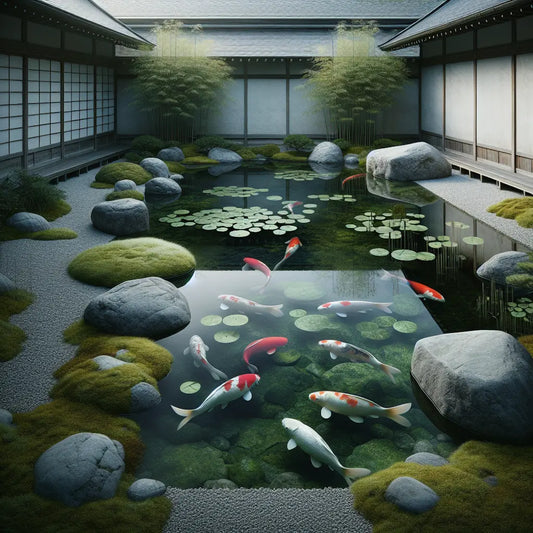 A tranquil Japanese garden pond with vivid red, white, and black koi fish swimming among green lily pads under soft morning sunlight, in a minimalist and serene style.