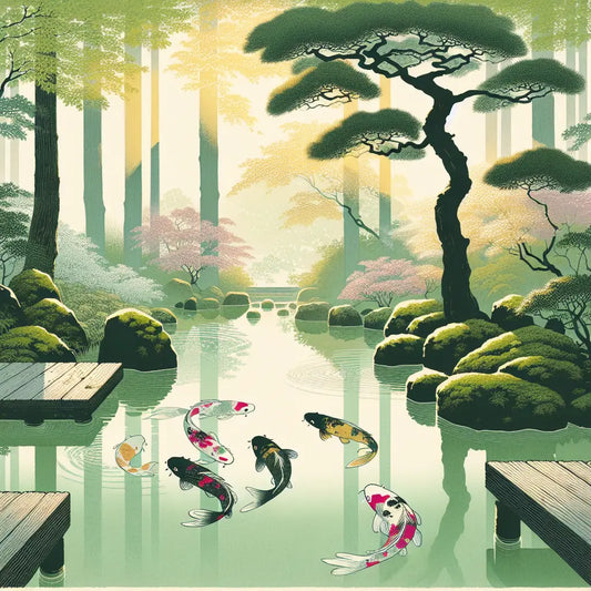 A serene traditional Japanese garden pond with colorful koi fish swimming gracefully beneath sunlight-filtered leafy trees, evoking tranquility and elegant simplicity.