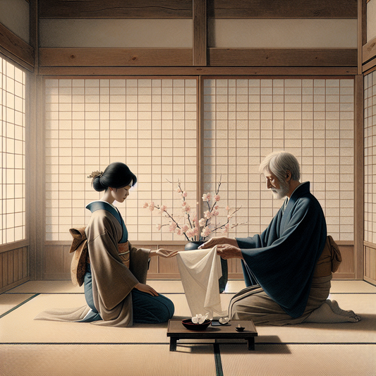 A calm and tender moment between a gentle woman and a young man with fiery red hair inside a traditional Japanese room with soft warm light, symbolizing empathy, hope, and family healing.