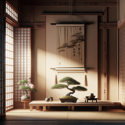 A serene traditional Japanese interior with a bonsai tree and hanging scroll illuminated by soft natural light through a shoji screen, embodying calm and minimalism.