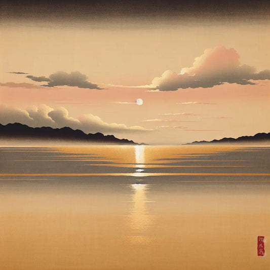 Minimalist Japanese style painting of a calm horizon at sunrise with gentle warm rays spreading softly, symbolizing hope and renewal, with muted natural colors and quiet atmosphere.