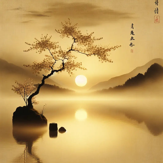 Minimalist serene sunrise over calm water with soft golden light and subtle sakura branch, evoking quiet spiritual renewal and hope in a Japanese traditional style.