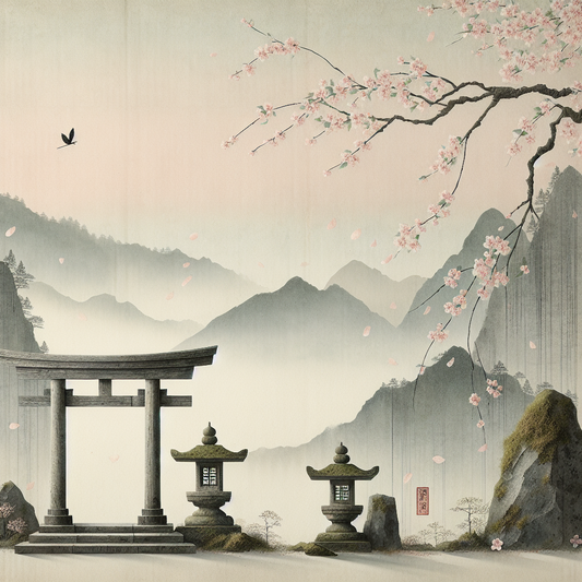 A serene Japanese torii gate in morning mist with drifting cherry blossom petals and traditional stone lanterns, minimalistic and peaceful.