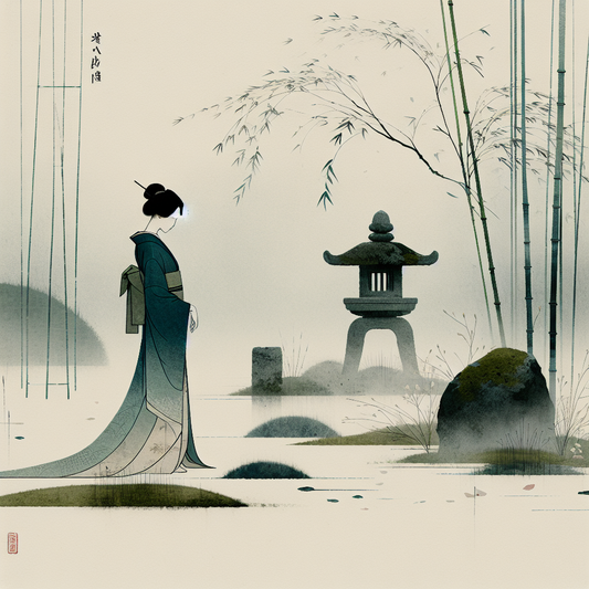 A serene Japanese woman in a flowing silk kimono standing gracefully in a tranquil garden with soft natural light, embodying traditional elegance and calm.