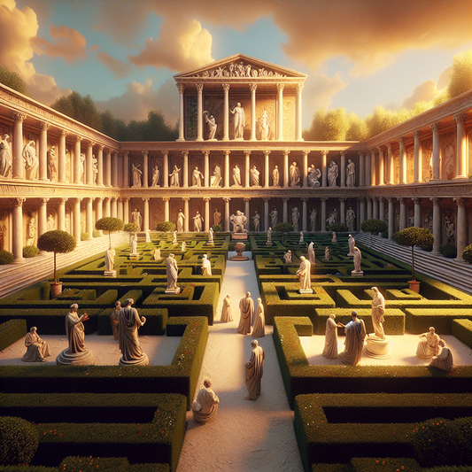 Serene Roman garden with philosophers, reflecting Stoic love and Marcus Aurelius' philosophy.