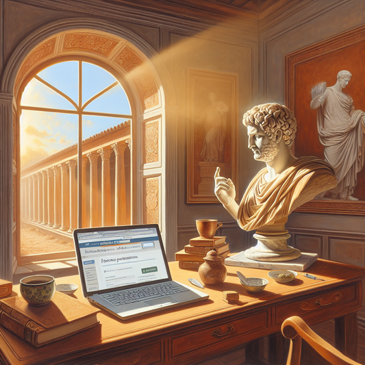 A serene workspace blending ancient Roman elements and modern technology with a marble bust of Marcus Aurelius beside an open laptop showing an online Stoicism forum and a cup of tea, bathed in warm daylight.