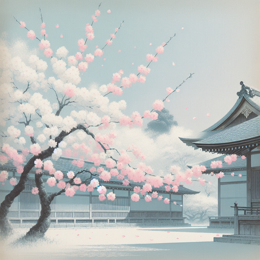Blooming sakura cherry trees with soft pink and white petals falling gently in front of a traditional Japanese temple under a clear blue sky, in a minimalist and serene style.