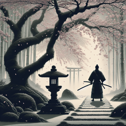 Silhouette of a samurai holding a katana beneath blooming cherry blossom trees in a minimalist traditional Japanese garden, bathed in soft morning light with floating petals.