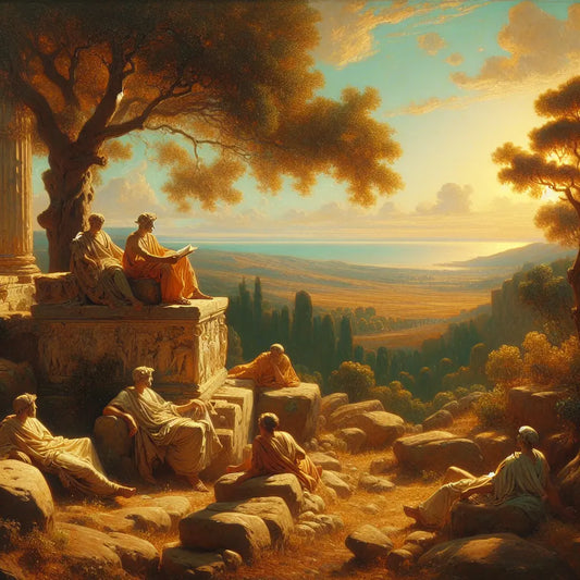 Serene Roman landscape with stoic figures symbolizing tranquility, inspired by 1960s historical epic film style.