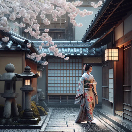 A serene woman in a traditional colorful kimono walking through a peaceful Kyoto street with cherry blossom petals gently falling around her.
