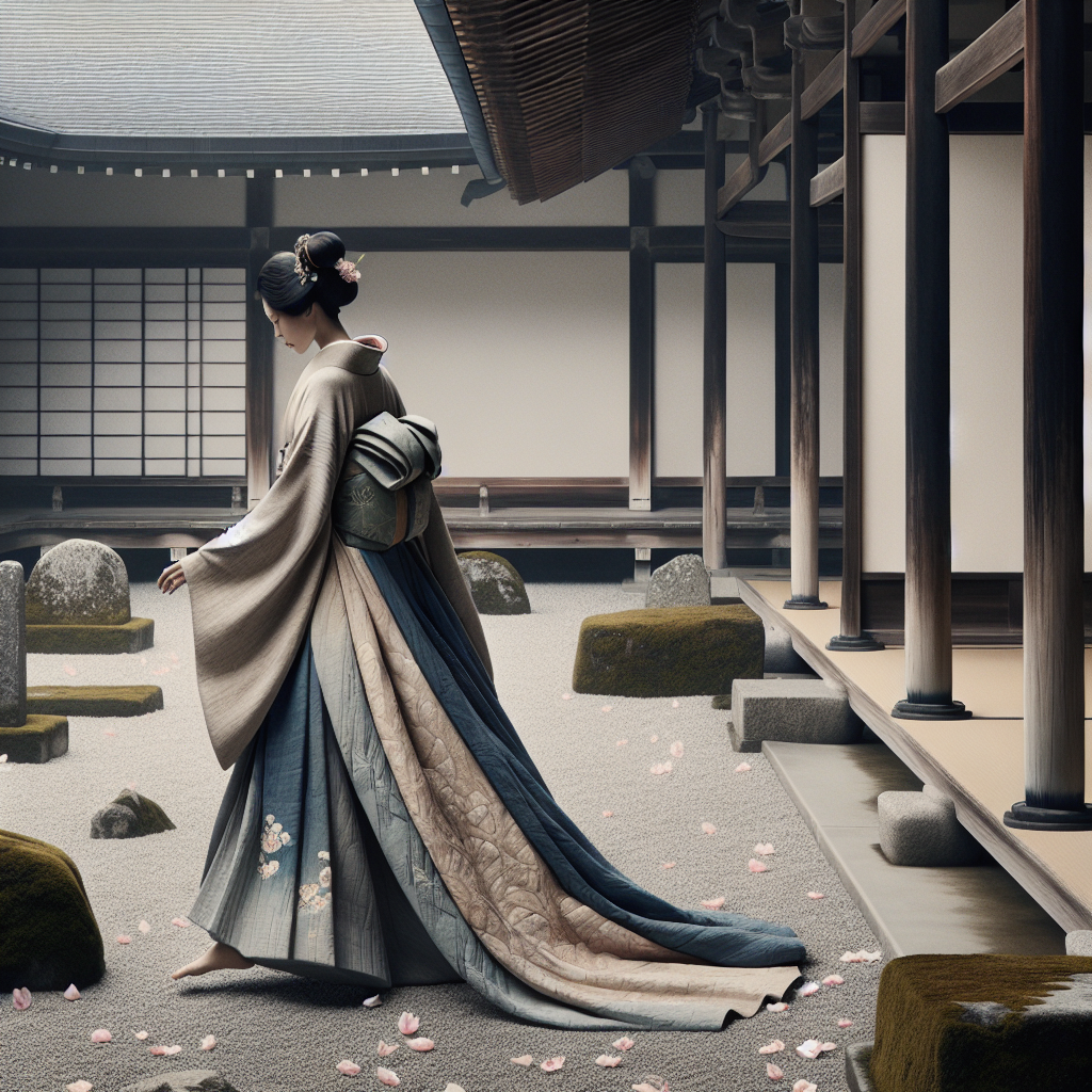 A serene woman wearing a layered kimono walking gracefully in a traditional Japanese shrine courtyard, surrounded by natural textures and soft morning light.