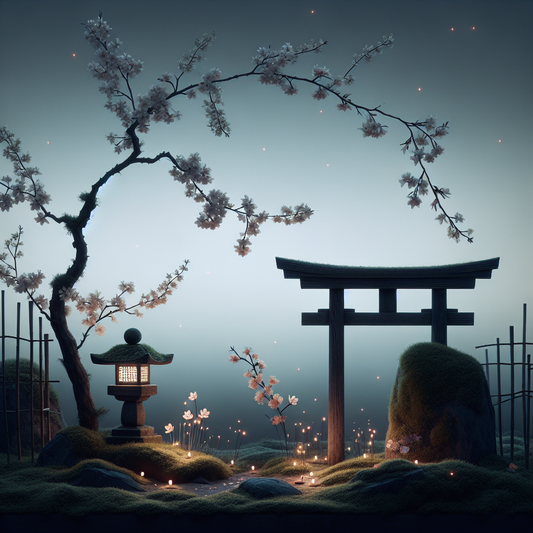 A peaceful twilight scene with a weathered torii gate, glowing fireflies, and delicate cherry blossoms symbolizing resilience during wartime in Japan.
