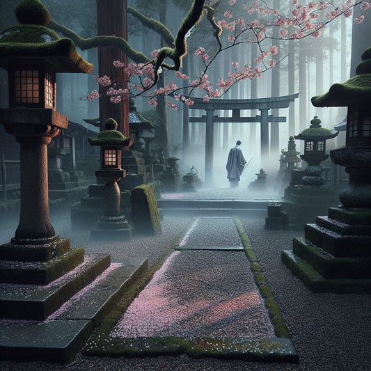 A tranquil Shinto shrine courtyard with a cherry blossom branch and a solitary figure in traditional kimono near a torii gate, in soft morning mist and muted colors.