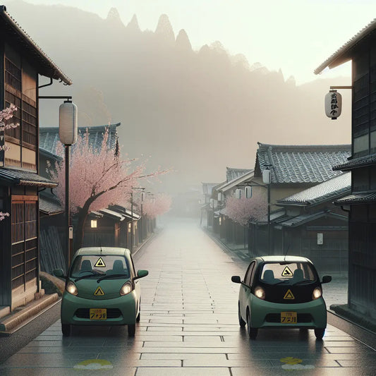 A quiet Japanese street at dawn with two small cars displaying subtle yellow and green Shoshinsha beginner driver marks, surrounded by traditional wooden buildings and soft natural light - minimalist and calm.