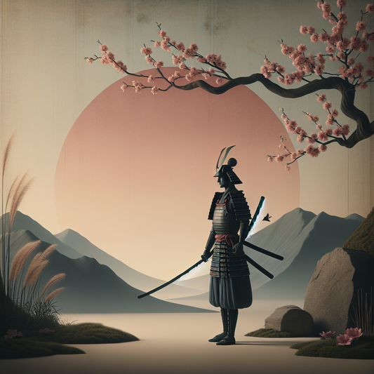 A serene samurai warrior in full armor holding a katana, standing under cherry blossoms with a rising sun and misty mountains in the background, minimalist and elegant traditional Japanese scene.