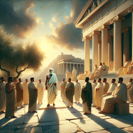 A calm figure of Socrates in ancient Athens surrounded by symbolic light and shadows, portrayed in a classical, cinematic painting style.