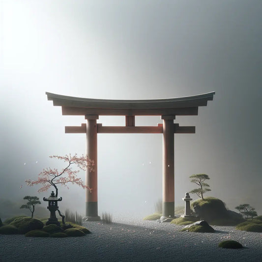 A solitary weathered wood torii gate at a misty Shinto shrine surrounded by stone gravel and moss, with drifting pale pink cherry blossom petals creating a serene and minimalistic Japanese scene.