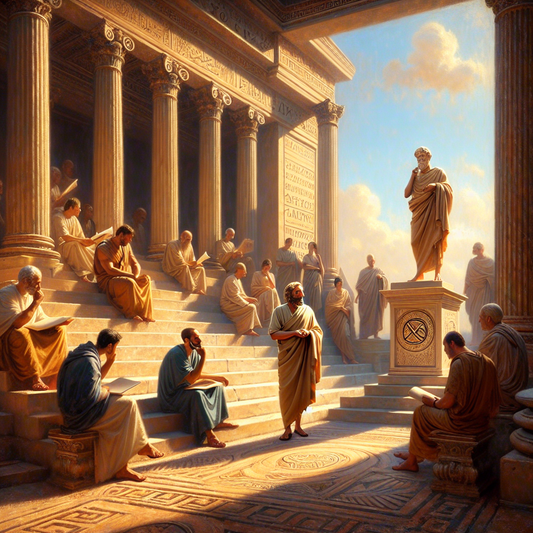 Stoic philosophers in Greco-Roman temple courtyard with Christian Chi-Rho symbol, blending ancient faith and reason in a cinematic 1960s epic painting style.