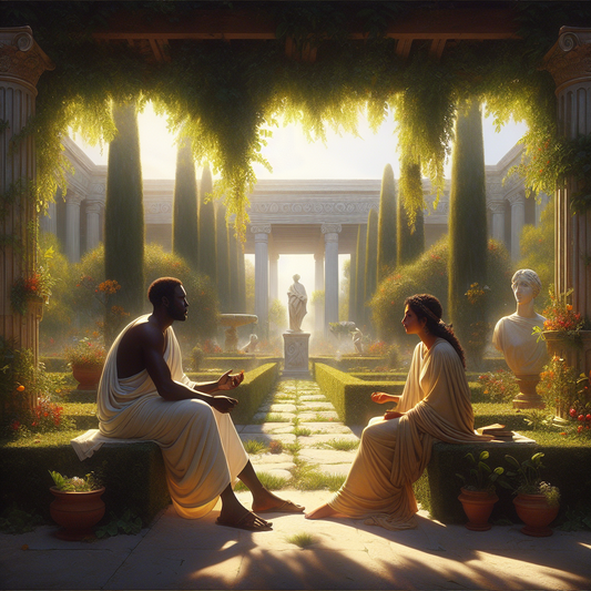 A Roman couple in a lush garden embodying Stoic love, dressed in traditional attire, reminiscent of a 1960s historical epic.