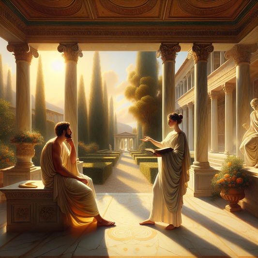 Two individuals in Stoic discussion within a Roman villa, symbolizing harmonious relationships.