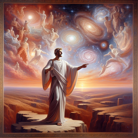 A Roman philosopher-conductor embodying Stoic logos orchestrates a harmonious cosmic symphony amid vibrant stars and flows of universal energy in a cinematic 1960s historical epic style.