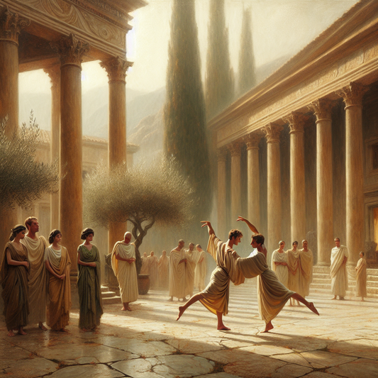 Two Roman dancers in harmonious motion symbolizing Stoic love, set in a classical villa courtyard with soft natural light and muted earth tones, styled like a 1960s historical epic painting.