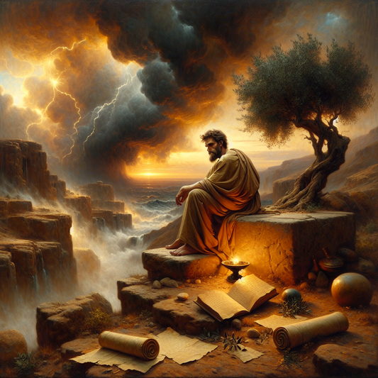 A Roman figure meditates calmly in a rocky landscape with a stormy sky, surrounded by Stoic symbols like ancient scrolls, a wind-bent olive tree, and a steady flame, in the style of 1960s historical epics.