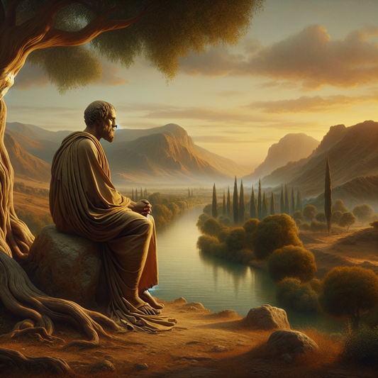An ancient Roman philosopher in a simple toga peacefully contemplates near a flowing river and strong trees at sunset, depicted in a cinematic 1960s historical epic painting style.