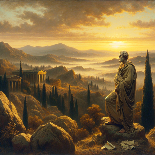 Ancient Roman philosopher standing on a mountaintop at dawn, dressed in a toga, symbolizing Stoic wisdom and inner peace with warm morning light and distant Roman temples.
