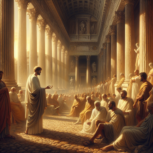 Roman philosopher exuding Stoic peace in ancient forum, inspired by 1960s historical films.
