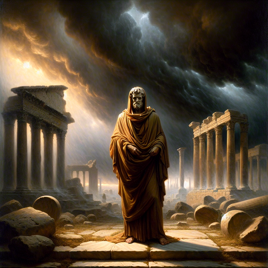 Ancient Roman Stoic philosopher standing calm on marble steps amidst a storm in a classical forum, embodying inner peace and emotional mastery, painted in the style of 1960s historical epics.