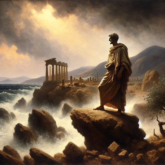 A calm figure in classical robes stands resilient on rocky terrain under stormy skies with ancient Greek temple ruins in the background, inspired by Stoic philosophy and painted in a 1960s epic style.