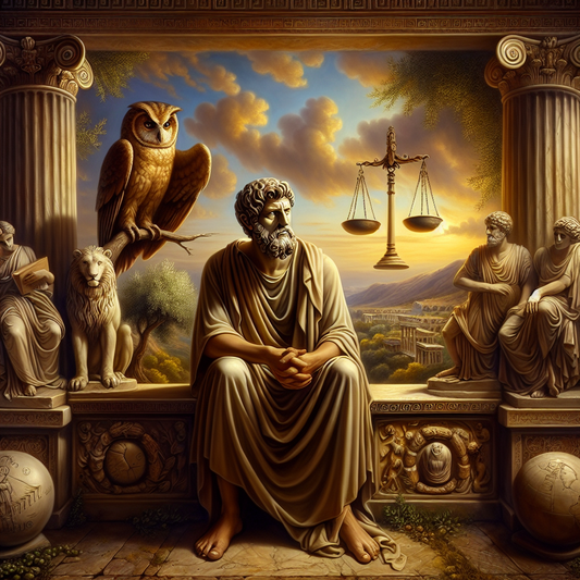An ancient Greek philosopher deep in thought surrounded by symbols of wisdom, fairness, courage, and self-discipline in a setting reminiscent of 1960s historical film style.
